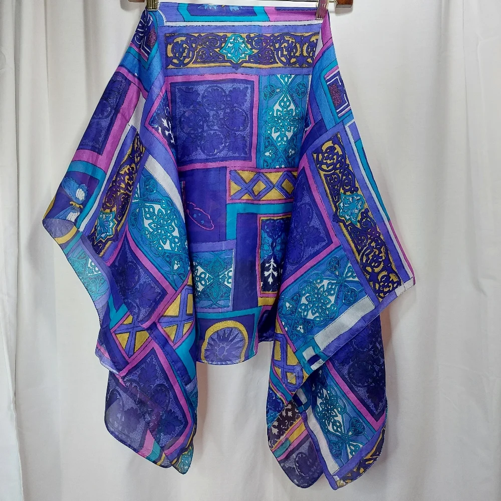 Silk‎ Scarf - Purple, Teal, Blue Geometric Block Print 44